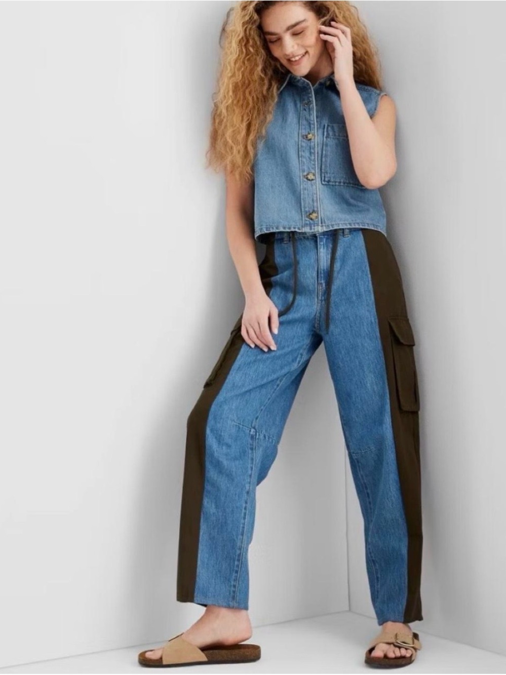 Future Collective Women’s Mid-High Rise Barrel Leg Mixed Fabric Cargo Jeans